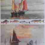Fishermen boats fish sea orange decoupage rice paper